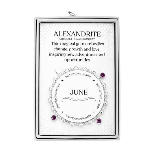 June (Alexandrite) Birthstone Stretch Charm Bracelet with Quote Gift Box - Philip Jones Jewellery