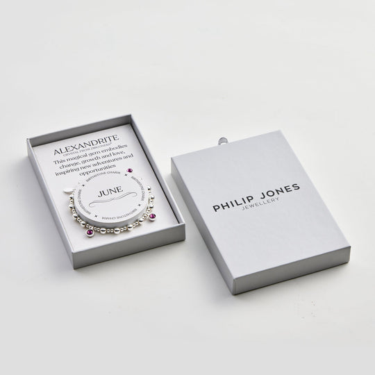 June (Alexandrite) Birthstone Stretch Charm Bracelet with Quote Gift Box - Philip Jones Jewellery