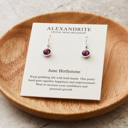 June Birthstone Drop Earrings Created with Alexandrite Zircondia® Crystals - Philip Jones Jewellery