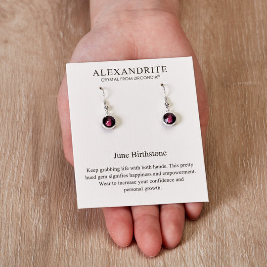June Birthstone Drop Earrings Created with Alexandrite Zircondia® Crystals - Philip Jones Jewellery
