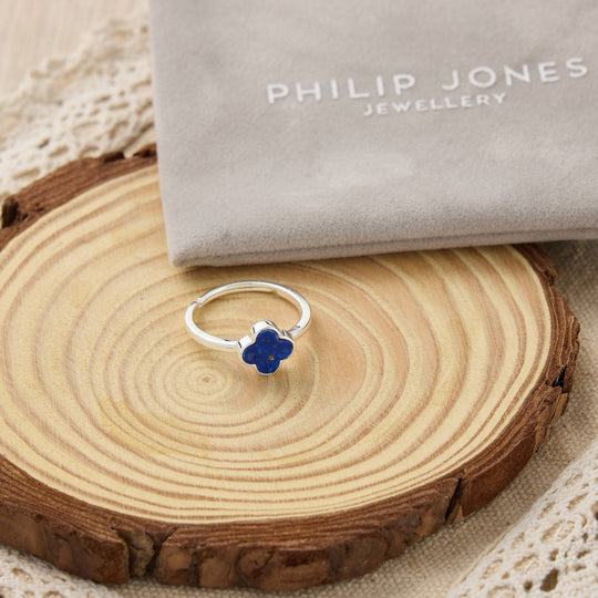Lapis Gemstone Adjustable Clover Ring - Philip Jones Jewellery