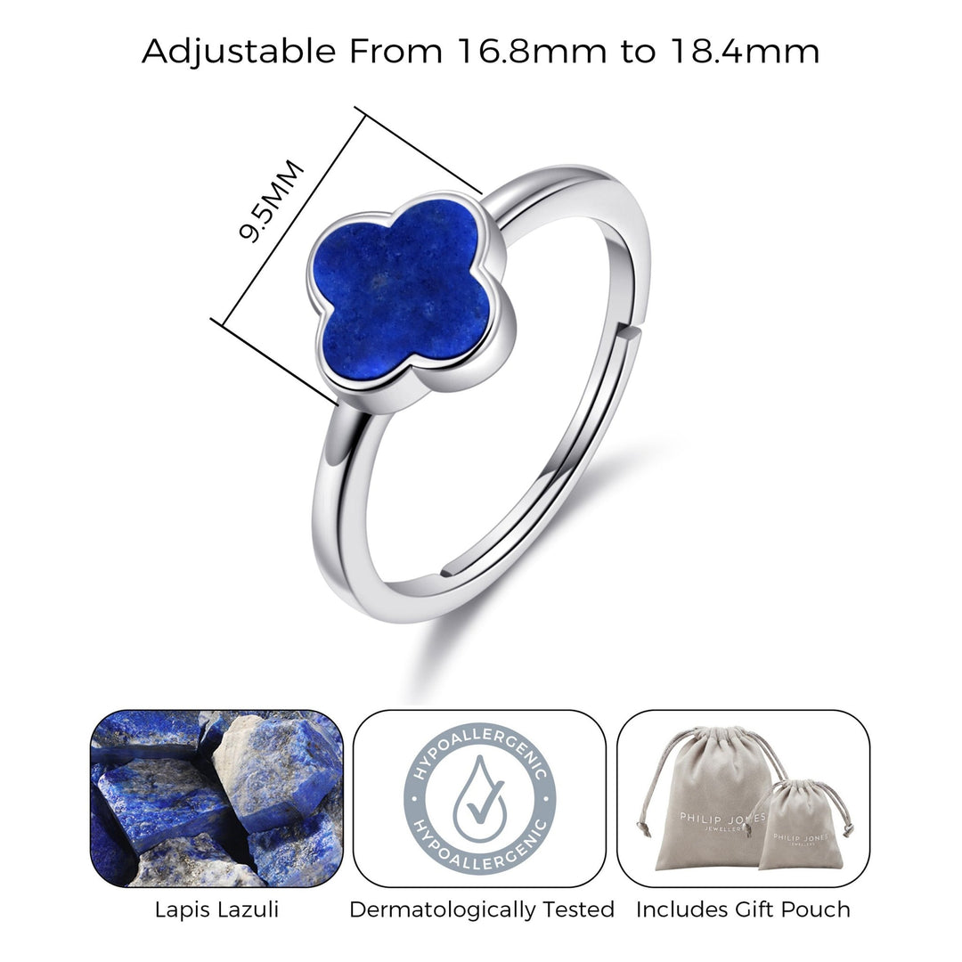 Lapis Gemstone Adjustable Clover Ring - Philip Jones Jewellery