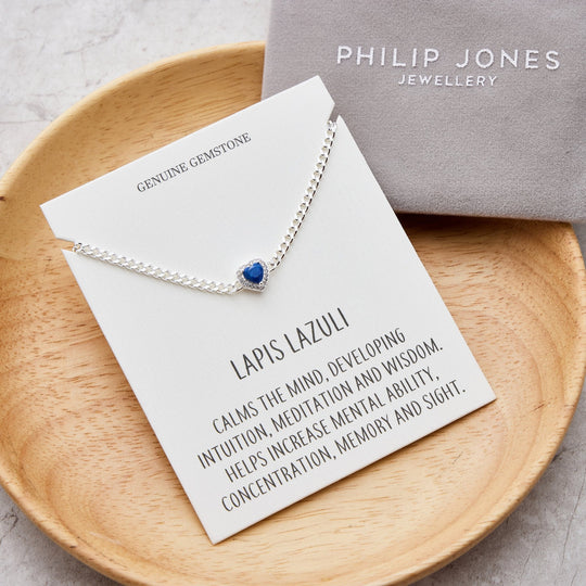 Lapis Heart Gemstone Bracelet with Quote Card Created with Zircondia® Crystals - Philip Jones Jewellery