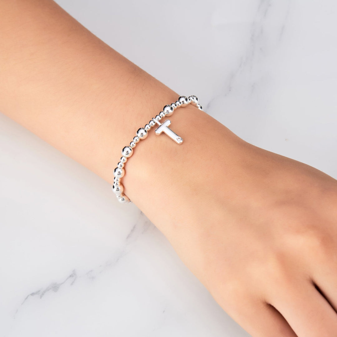 Letter T Initial Stretch Bracelet Created with Zircondia® Crystals - Philip Jones Jewellery