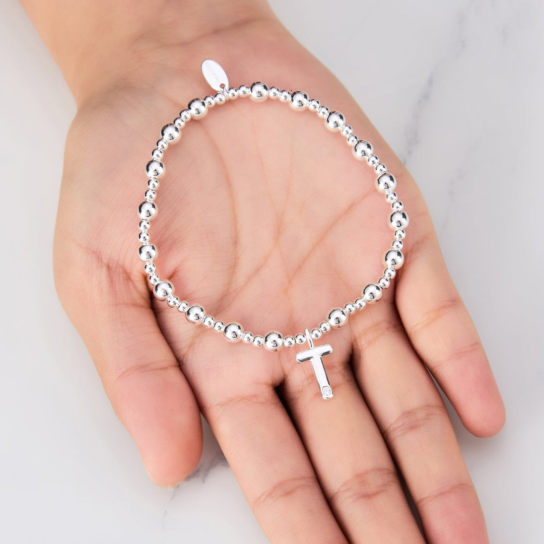 Letter T Initial Stretch Bracelet Created with Zircondia® Crystals - Philip Jones Jewellery