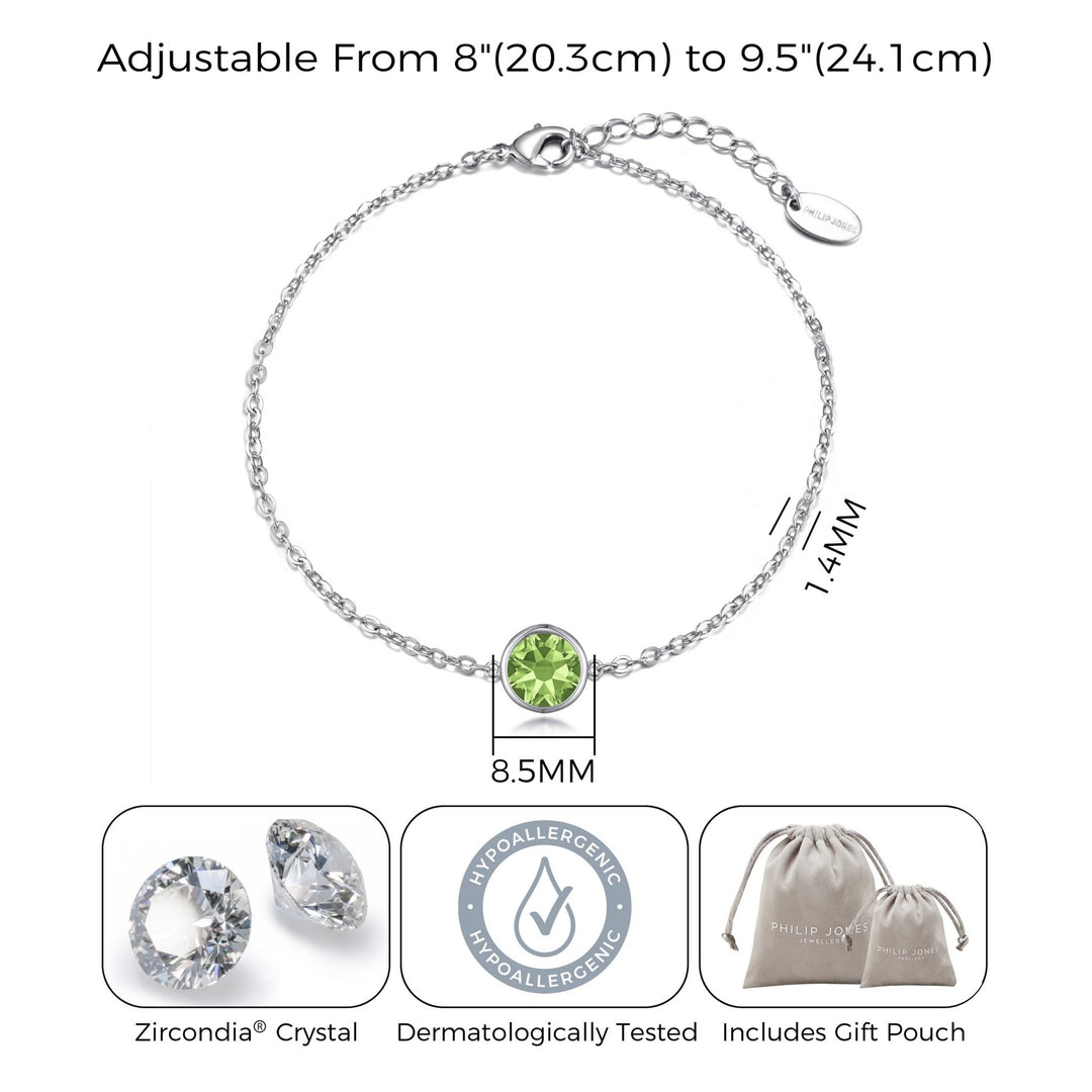 Light Green Crystal Anklet Created with Zircondia® Crystals - Philip Jones Jewellery