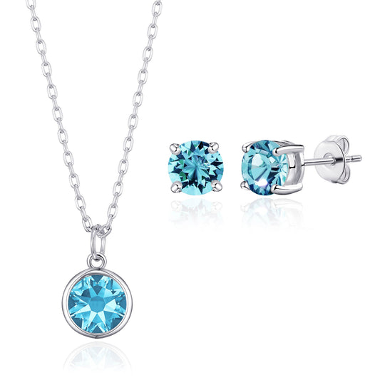 March (Aquamarine) Birthstone Necklace & Earrings Set Created with Zircondia® Crystals - Philip Jones Jewellery