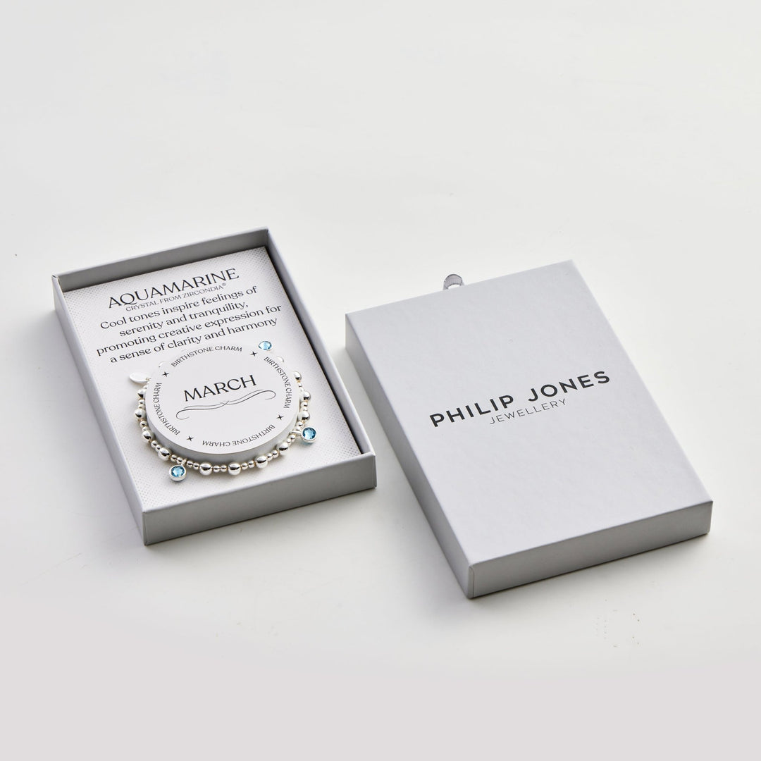 March (Aquamarine) Birthstone Stretch Charm Bracelet with Quote Gift Box - Philip Jones Jewellery