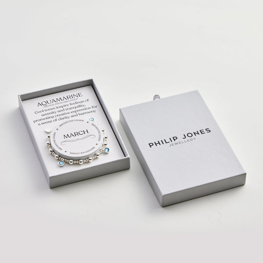 March (Aquamarine) Birthstone Stretch Charm Bracelet with Quote Gift Box - Philip Jones Jewellery