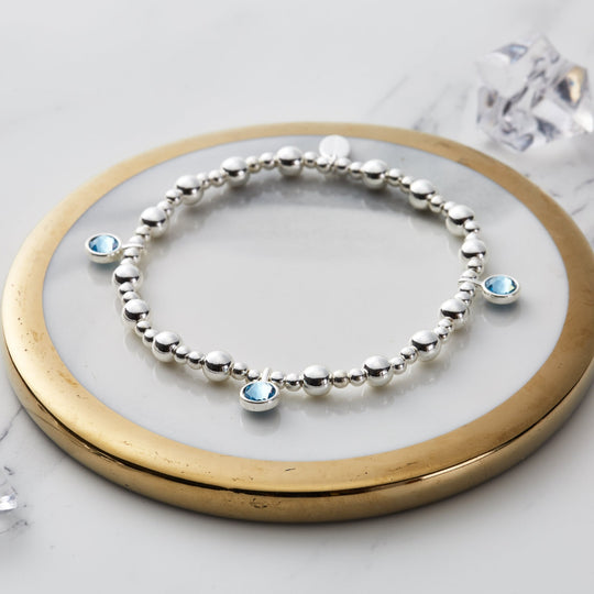 March (Aquamarine) Birthstone Stretch Charm Bracelet with Quote Gift Box - Philip Jones Jewellery