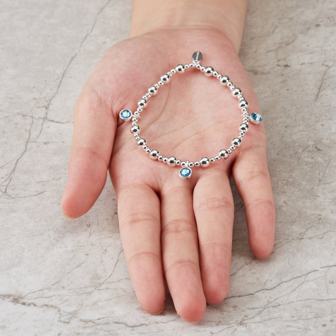 March (Aquamarine) Birthstone Stretch Charm Bracelet with Quote Gift Box - Philip Jones Jewellery