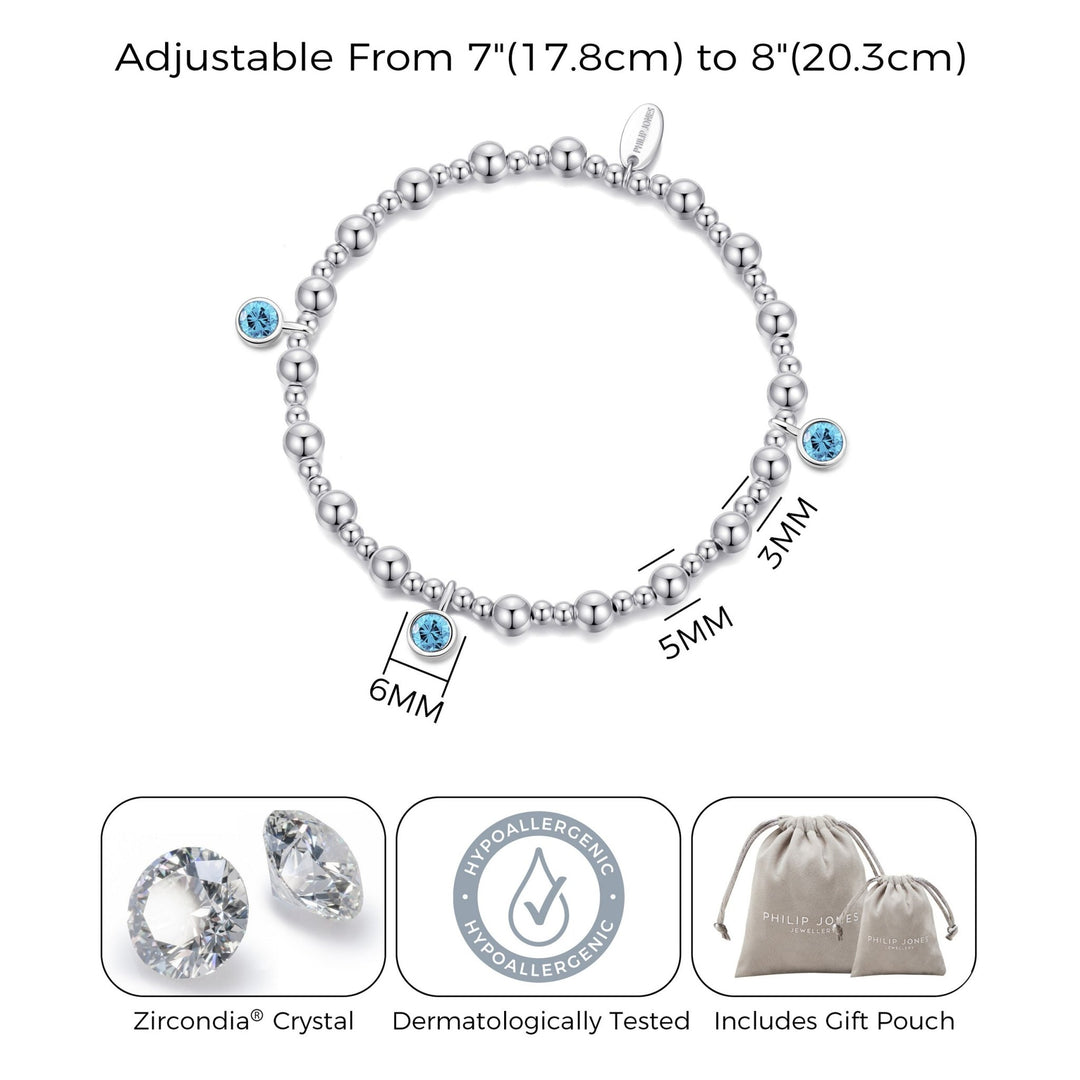 March (Aquamarine) Birthstone Stretch Charm Bracelet with Quote Gift Box - Philip Jones Jewellery