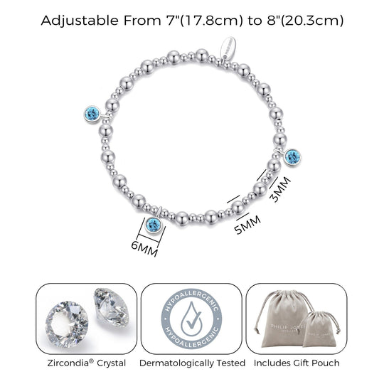 March (Aquamarine) Birthstone Stretch Charm Bracelet with Quote Gift Box - Philip Jones Jewellery