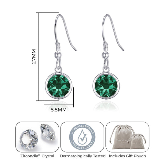 May Birthstone Drop Earrings Created with Emerald Zircondia® Crystals - Philip Jones Jewellery