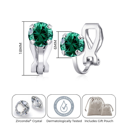 May (Emerald) Birthstone Clip On Earrings Created with Zircondia® Crystals - Philip Jones Jewellery