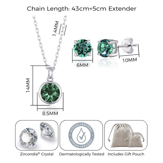 May (Emerald) Birthstone Necklace & Earrings Set Created with Zircondia® Crystals - Philip Jones Jewellery