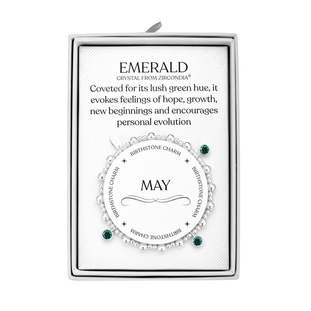 May (Emerald) Birthstone Stretch Charm Bracelet with Quote Gift Box - Philip Jones Jewellery