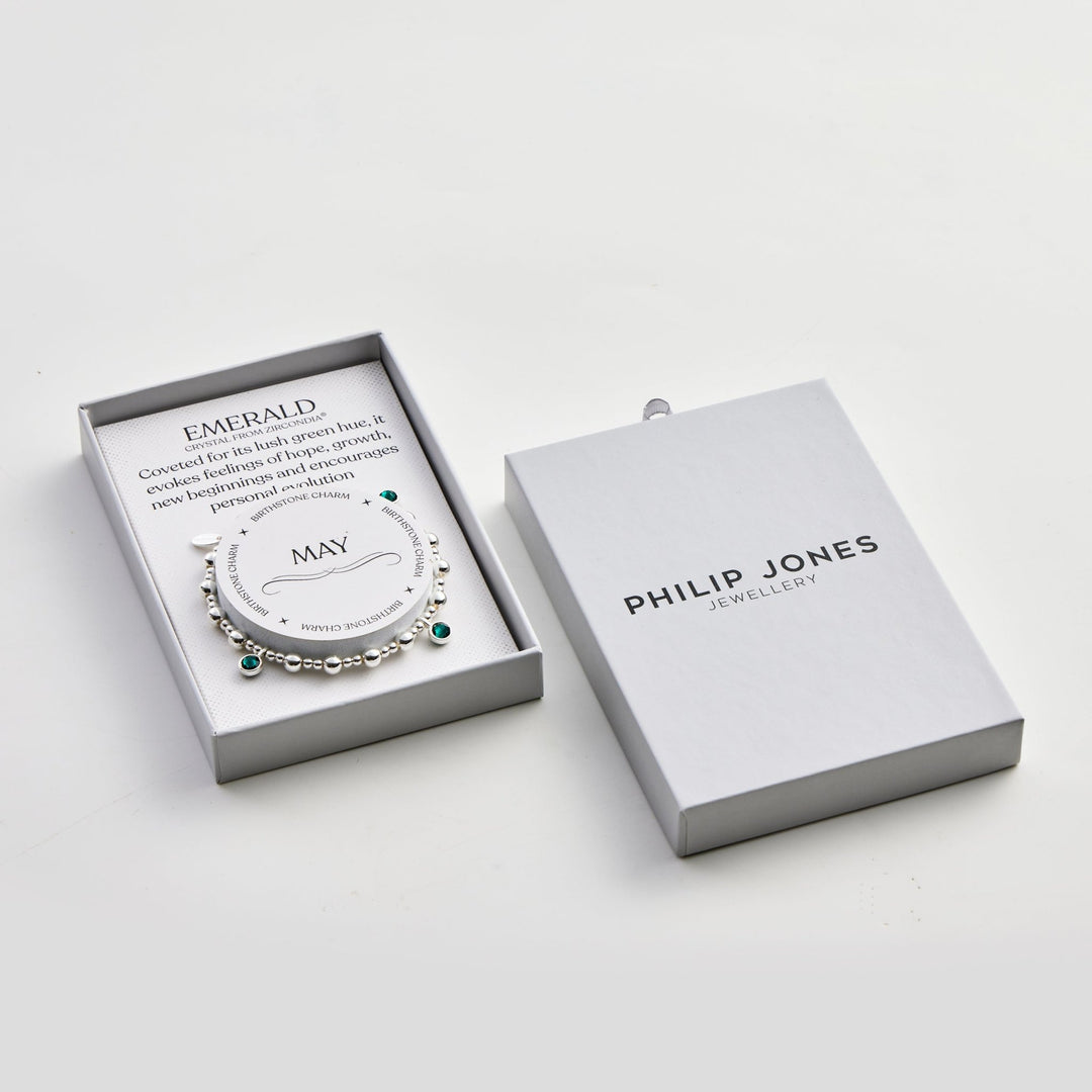 May (Emerald) Birthstone Stretch Charm Bracelet with Quote Gift Box - Philip Jones Jewellery