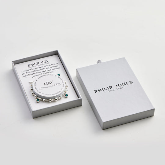 May (Emerald) Birthstone Stretch Charm Bracelet with Quote Gift Box - Philip Jones Jewellery