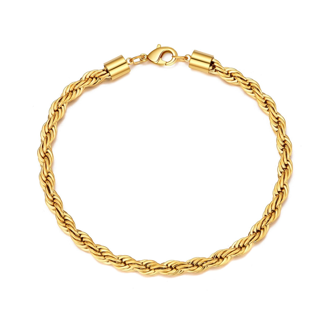Men's 5mm Gold Plated Steel 7.5 - 8.5 Inch Round Rope Wheat Chain Bracelet - Philip Jones Jewellery