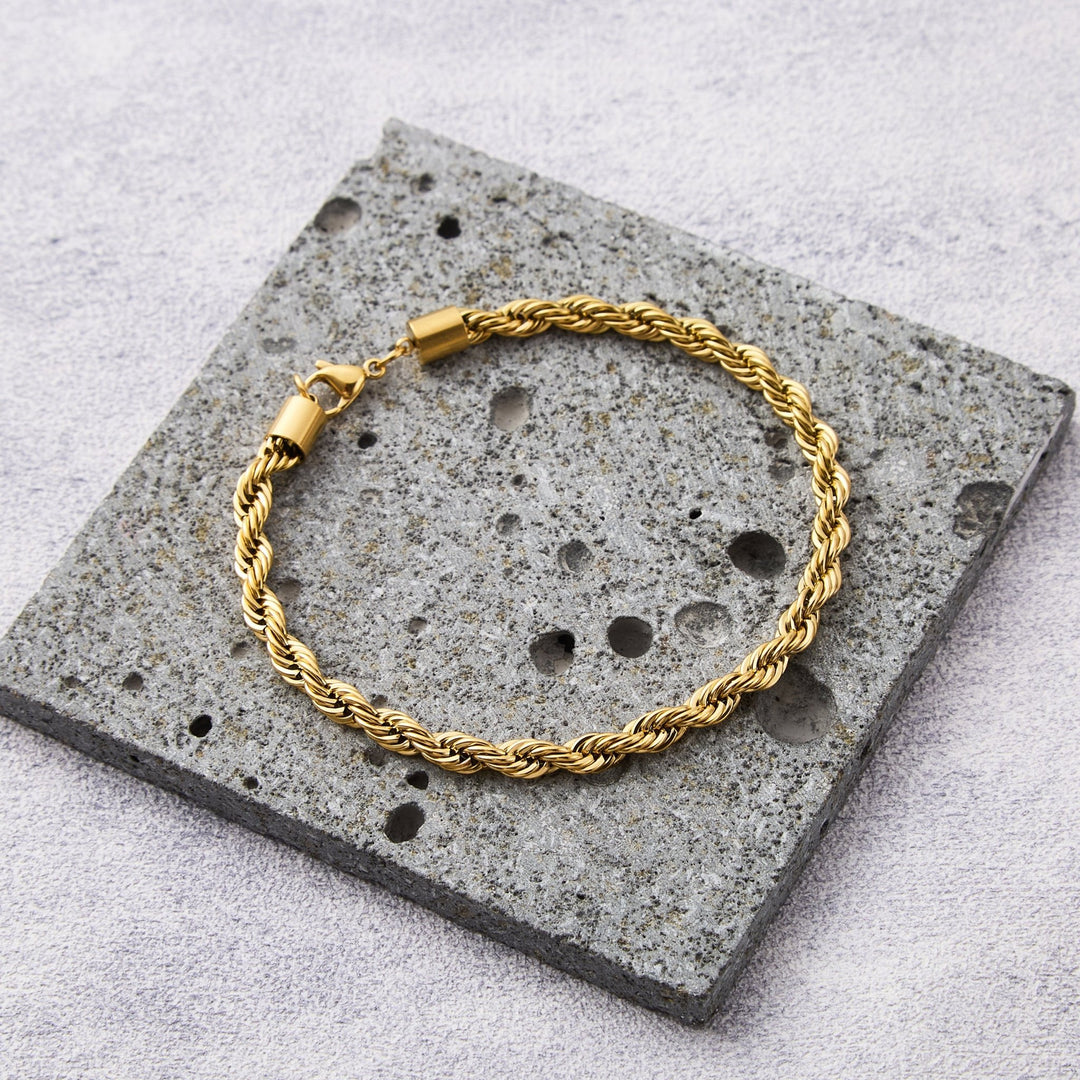 Men's 5mm Gold Plated Steel 7.5 - 8.5 Inch Round Rope Wheat Chain Bracelet - Philip Jones Jewellery