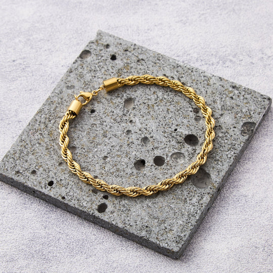 Men's 5mm Gold Plated Steel 7.5 - 8.5 Inch Round Rope Wheat Chain Bracelet - Philip Jones Jewellery