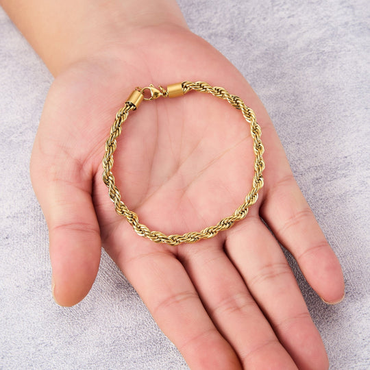 Men's 5mm Gold Plated Steel 7.5 - 8.5 Inch Round Rope Wheat Chain Bracelet - Philip Jones Jewellery