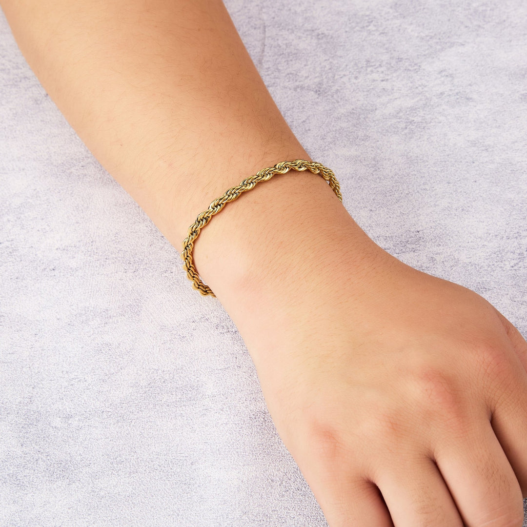 Men's 5mm Gold Plated Steel 7.5 - 8.5 Inch Round Rope Wheat Chain Bracelet - Philip Jones Jewellery