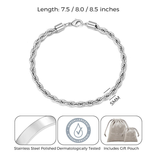 Men's 5mm Stainless Steel 7.5 - 8.5 Inch Round Rope Wheat Chain Bracelet - Philip Jones Jewellery