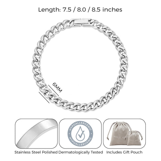 Men's 6mm Stainless Steel 7.5 - 8.5 Inch Curb Chain Bracelet - Philip Jones Jewellery