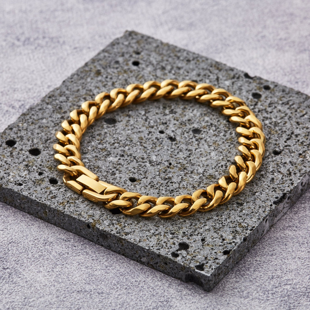 Men's 9mm Gold Plated Stainless Steel 7.5 - 8.5 Inch Curb Chain Bracelet - Philip Jones Jewellery