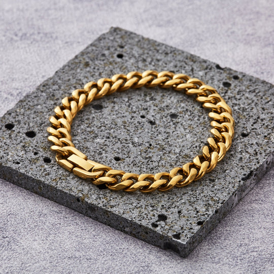 Men's 9mm Gold Plated Stainless Steel 7.5 - 8.5 Inch Curb Chain Bracelet - Philip Jones Jewellery