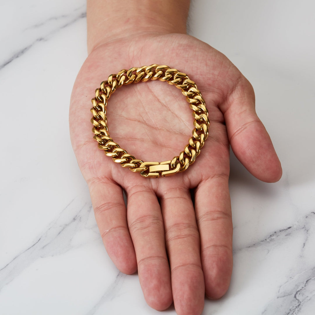 Men's 9mm Gold Plated Stainless Steel 7.5 - 8.5 Inch Curb Chain Bracelet - Philip Jones Jewellery
