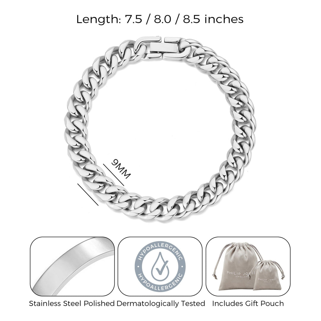 Men's 9mm Stainless Steel 7.5 - 8.5 Inch Curb Chain Bracelet - Philip Jones Jewellery