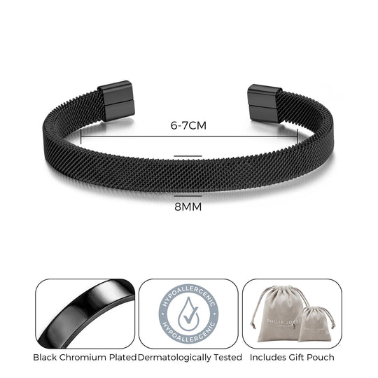 Men's Black Stainless Steel Mesh Cuff Bracelet - Philip Jones Jewellery