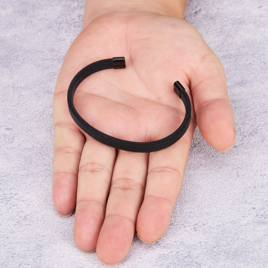 Men's Black Stainless Steel Mesh Cuff Bracelet - Philip Jones Jewellery