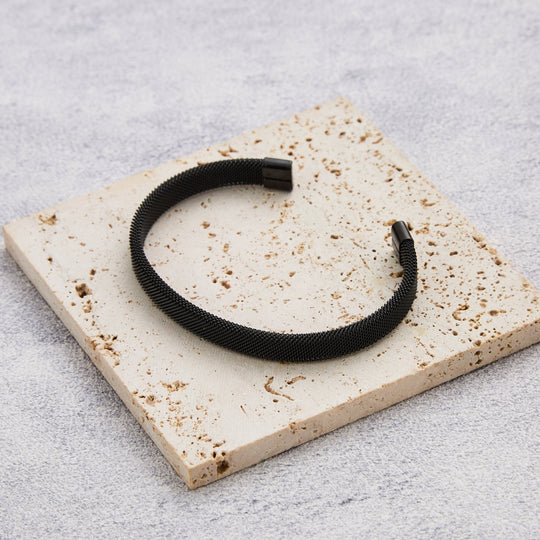 Men's Black Stainless Steel Mesh Cuff Bracelet - Philip Jones Jewellery