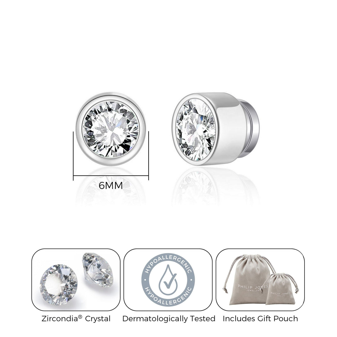 Men's Silver Plated 6mm Magnetic Clip On Earrings Created with Zircondia® Crystals - Philip Jones Jewellery
