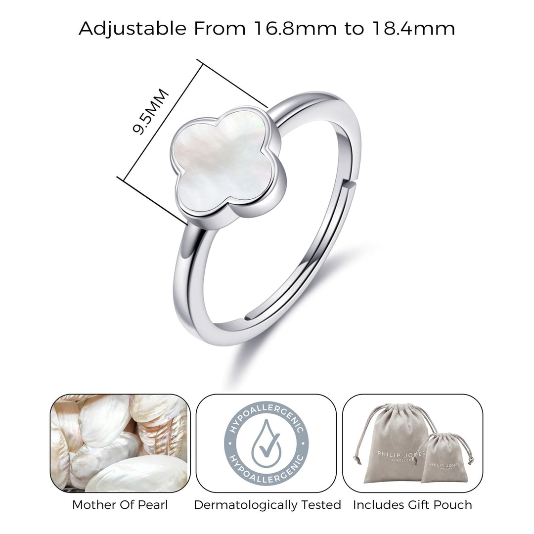Mother of Pearl Gemstone Adjustable Clover Ring - Philip Jones Jewellery