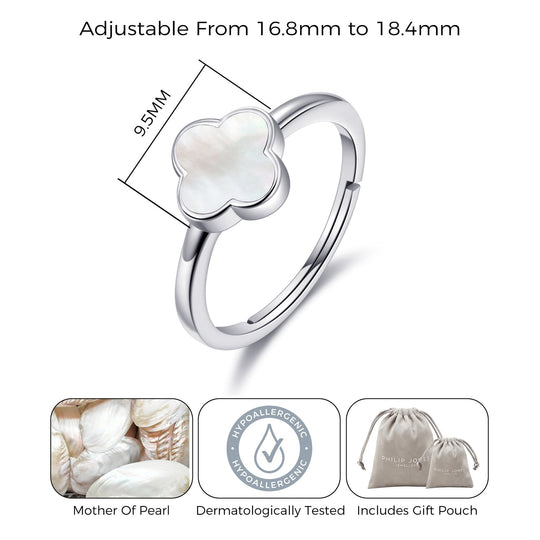 Mother of Pearl Gemstone Adjustable Clover Ring - Philip Jones Jewellery