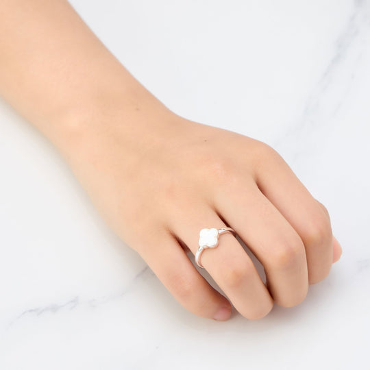 Mother of Pearl Gemstone Adjustable Clover Ring - Philip Jones Jewellery