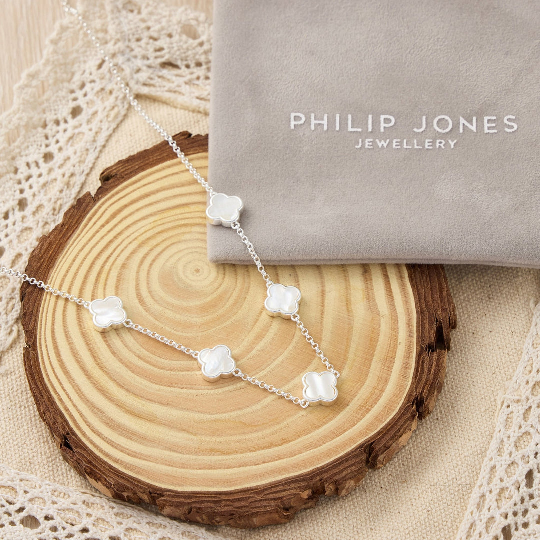 Mother of Pearl Gemstone Multi Clover Necklace - Philip Jones Jewellery