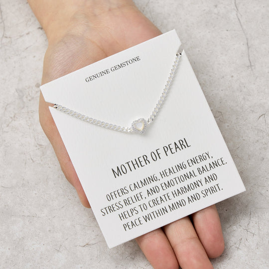 Mother Of Pearl Heart Gemstone Bracelet with Quote Card Created with Zircondia® Crystals - Philip Jones Jewellery