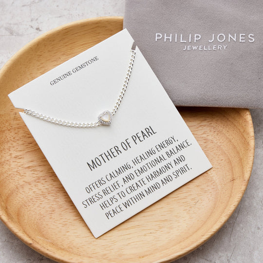 Mother Of Pearl Heart Gemstone Bracelet with Quote Card Created with Zircondia® Crystals - Philip Jones Jewellery