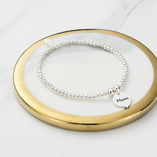 Mum Heart Charm Beaded Stretch Bracelet - Philip Jones Jewellery