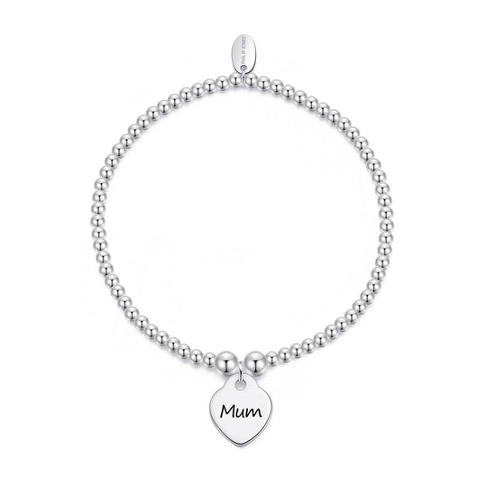 Mum Heart Charm Beaded Stretch Bracelet - Philip Jones Jewellery