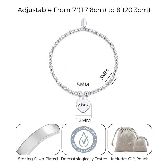 Mum Heart Charm Beaded Stretch Bracelet - Philip Jones Jewellery