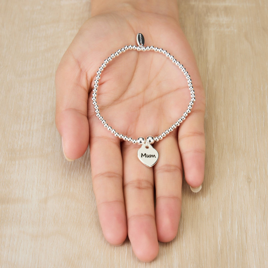 Mum Heart Charm Beaded Stretch Bracelet - Philip Jones Jewellery