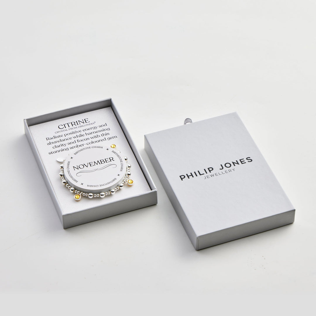 November (Citrine) Birthstone Stretch Charm Bracelet with Quote Gift Box - Philip Jones Jewellery
