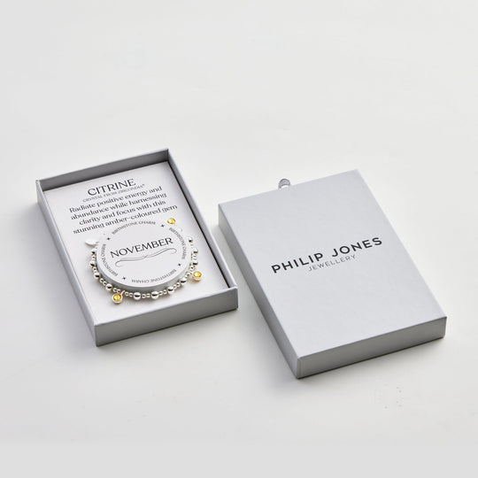 November (Citrine) Birthstone Stretch Charm Bracelet with Quote Gift Box - Philip Jones Jewellery